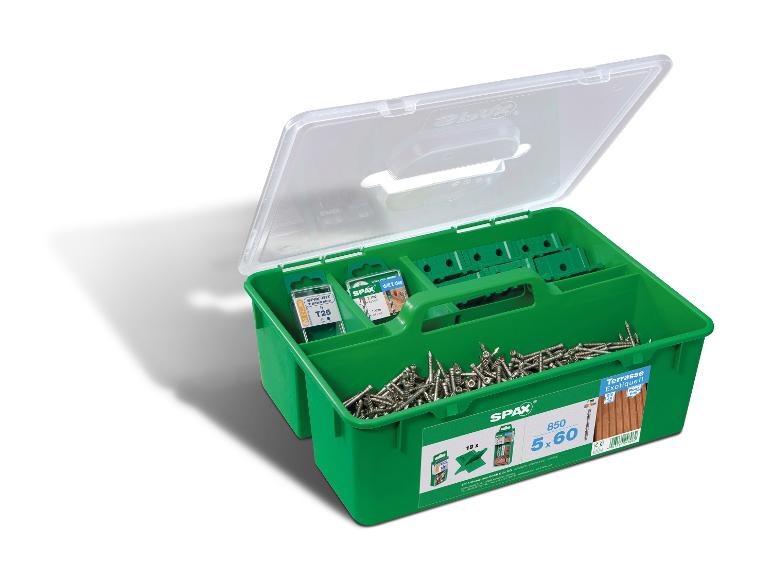 Terrasschroevenset met bits en boor in een groene doos.