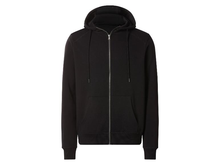 Zwarte hoodie met volledige rits, capuchon, trekkoorden en voorzakken.