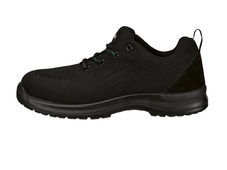Zwarte veiligheidsschoen met groene veters en een gestructureerd gebreid bovenwerk.