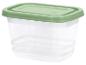 Transparante plastic voedselcontainer met een groen deksel.