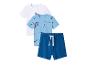 Witte en blauwe T-shirts met dinosaurusprint en blauwe shorts met trekkoord.