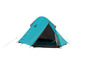 Een turquoise tent met een zwarte bodem en gele touwen.