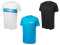 Drie Mistral T-shirts, wit met streep, blauw en zwart.