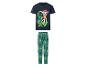 Kinderpyjama met een donkerblauw T-shirt met Marshall en een groene broek met dinosaurusprint.