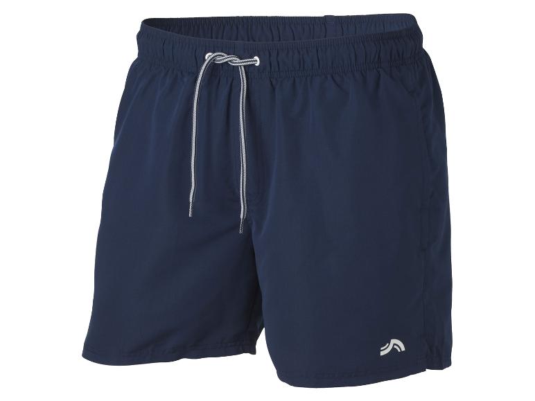 Donkerblauwe zwemshort voor heren met elastische tailleband en wit trekkoord.