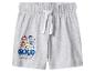 Lichtgrijze kindershorts met cartoonpuppyprint en de tekst 'Good Pups'.