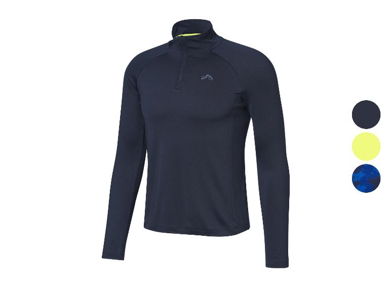 Donkerblauw sportshirt met lange mouwen, korte rits en logo, met kleurstalen.
