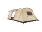 Beige tent met rode touwen en een raam.