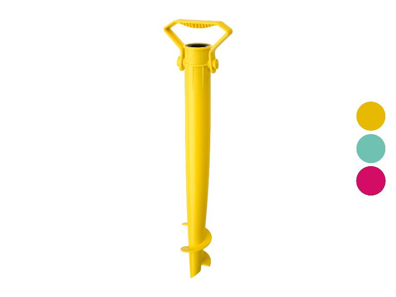 Gele strandparasol zandanker met handvat en schroefbasis, met kleurstalen.