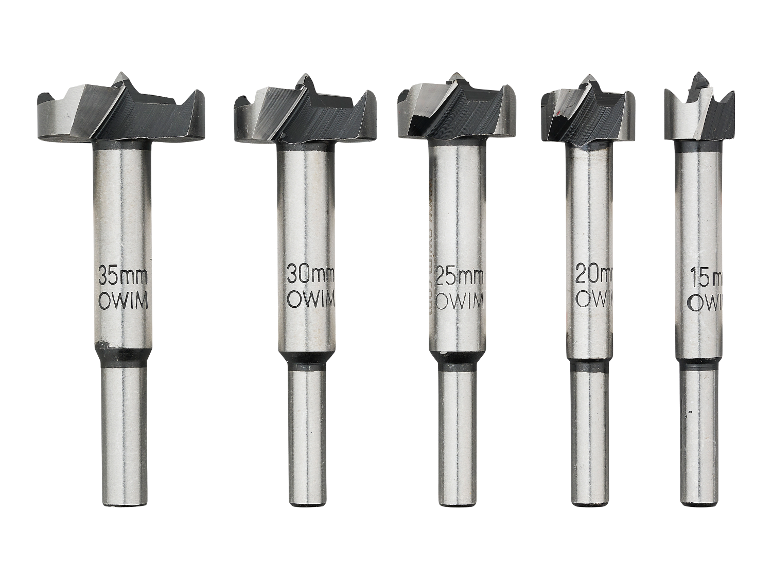 Vijf OWIM Forstner boren in verschillende maten.