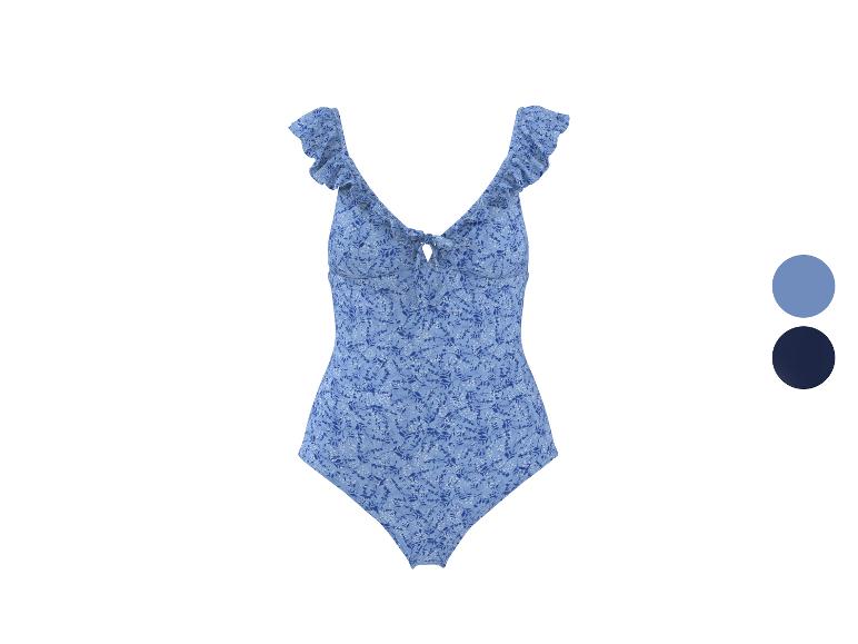 Blauw badpak met bloemenprint en ruches op de schouders