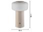 Beige tafellamp met matte witte kap, 20,5 cm hoog en 13 cm breed.