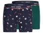 Twee herenboxershorts, één marineblauw met kerstpatroon en één effen groen.