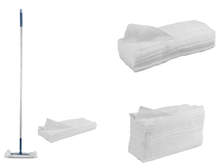 Mop met wegwerpdoekjes en stapels witte schoonmaakdoekjes.
