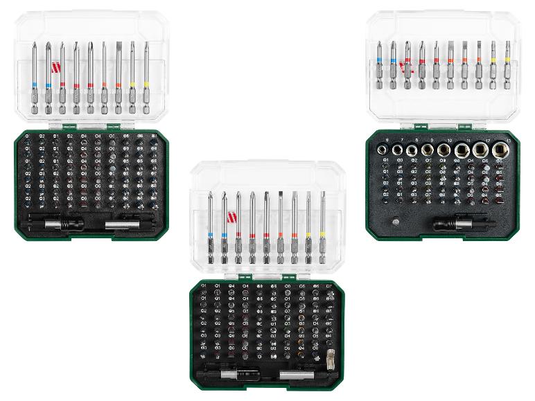 Parkside bit- en dopsleutelset in transparante en groene opbergdozen.