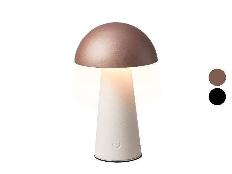 Mushroom-vormige tafellamp met een bruine kap en een crèmekleurige basis, met een aan/uit-knop.
