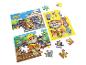 Paw Patrol Rubble & Crew puzzelset met drie verschillende scènes en losse stukken.