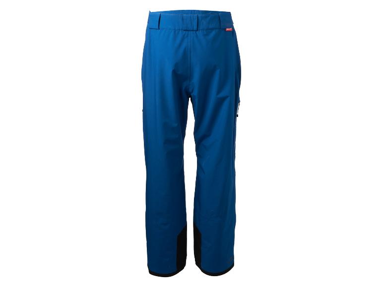 Blauwe skibroek met zwarte details, gepresenteerd op een witte achtergrond.