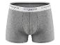 Grijze herenboxershort met witte tailleband en zwarte tekst.