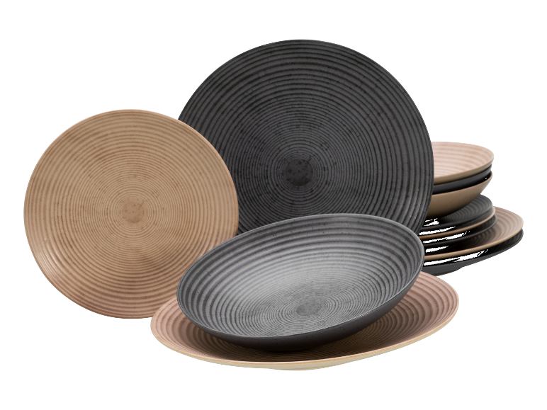 Serviesset: gestreepte borden en kommen, beige en donkergrijze tinten.
