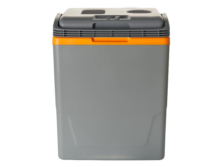 Grijze en oranje elektrische koelbox met handvat en bedieningspaneel.