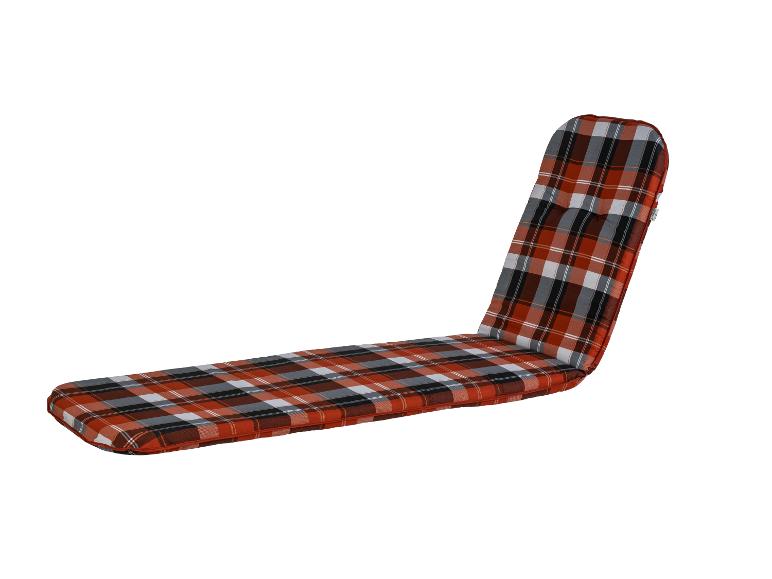 Ligbedkussen met rugleuning in rood-grijze ruitjes.