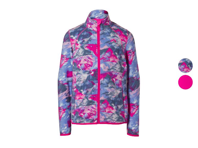 Kinderfleecejack met abstracte blauwe, roze en witte print, met fuchsia rits