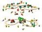 Houten treinset met boerderij- en dinosaurus-thema's, inclusief rails, voertuigen en figuren.