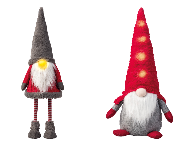 Twee feestelijke kabouters, één met een gloeiende neus en gestreepte benen, de ander met een rode muts.