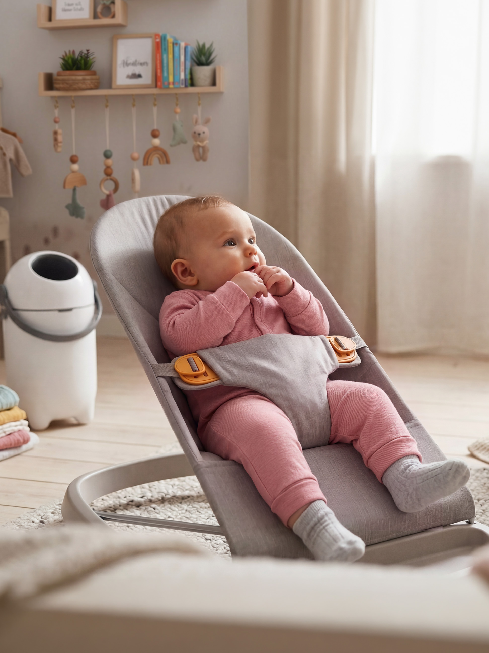 Baby in een wipstoel, met kinderkamerdecoratie en een luieremmer op de achtergrond.