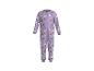 Paarse Halloween-onesie met katten, pompoenen en maanpatronen.