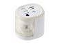 Wit en beige elektrische puntenslijper met twee slijpopeningen (6-8mm en 9-12mm).