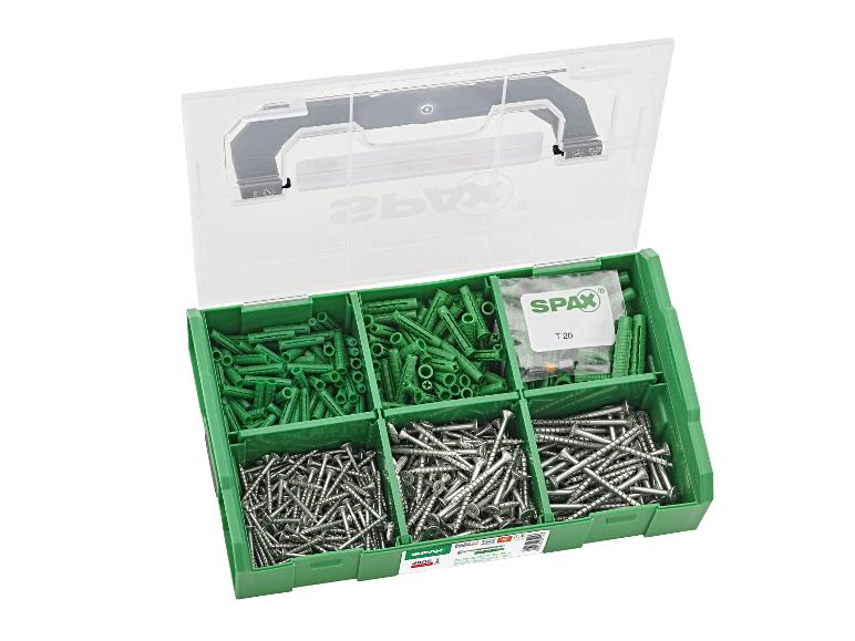 Open sorteerdoos met groene pluggen en zilverkleurige schroeven.