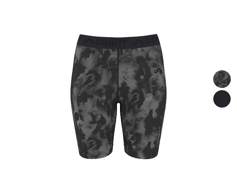 Zwart-grijze sportshort voor dames met abstract patroon en elastische tailleband.