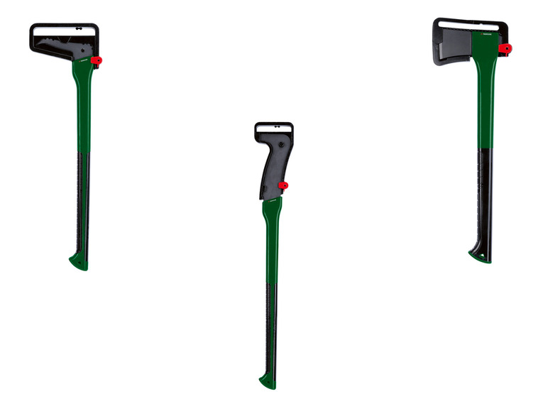 Drie groene Parkside bijlen met zwarte handvatten.