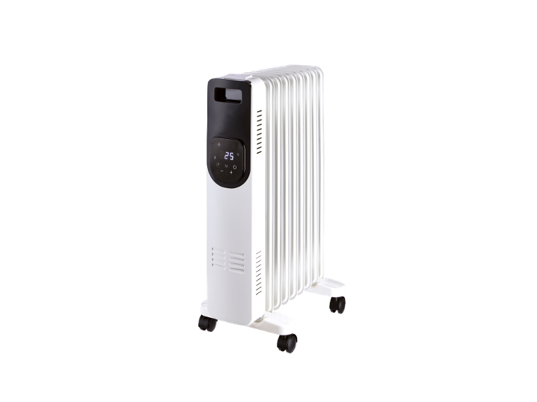 Witte olieradiator met digitaal display '25 °C' en bedieningselementen