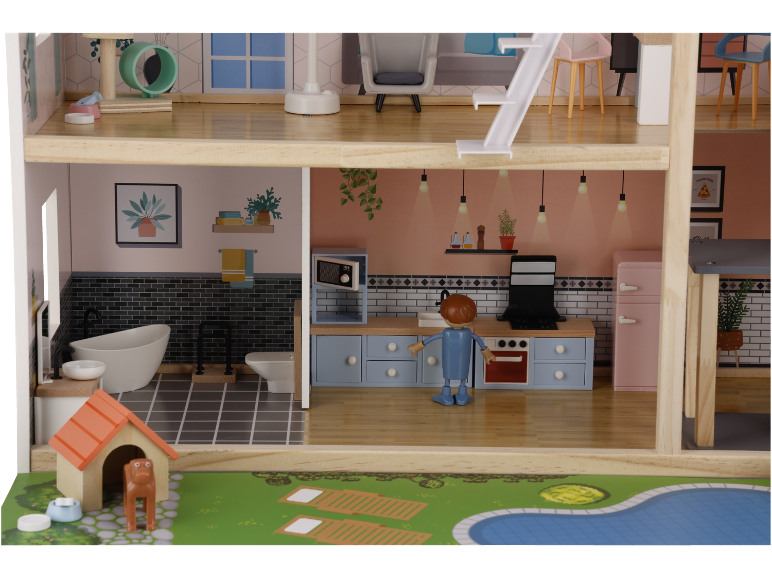 Houten poppenhuis met meubels, inclusief badkamer, keuken en zwembad.