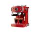Rood espressomachine dat espresso zet in twee glazen.