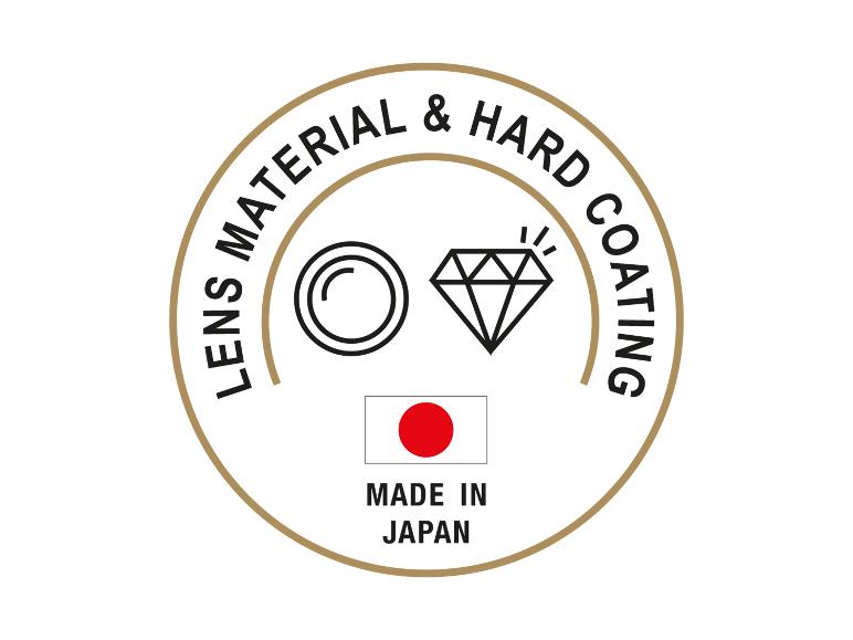 Logo met tekst 'LENS MATERIAL & HARD COATING' en 'MADE IN JAPAN', met lens- en diamanticoon.