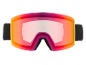 Skibril met oranje-roze spiegelglas en zwarte band.