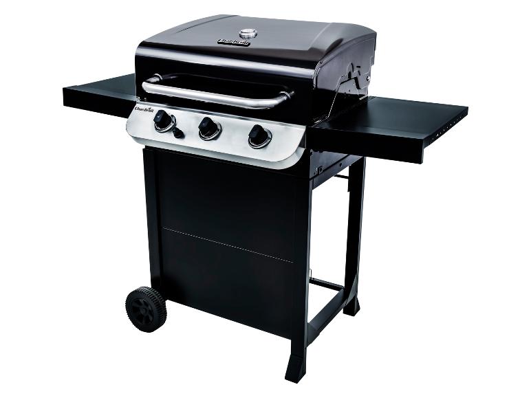 Zwarte gasbarbecue met drie branders en zijtafels op wielen.