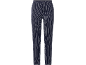 Damesbroek gestreept in donkerblauw en wit, met elastische tailleband.
