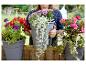 Vrouw houdt een grijze plantenbak met kleurrijke bloemen vast, met vergelijkbare bakken eromheen.