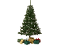 Kunstkerstboom met cadeaus verpakt in goud, groen en rood papier.