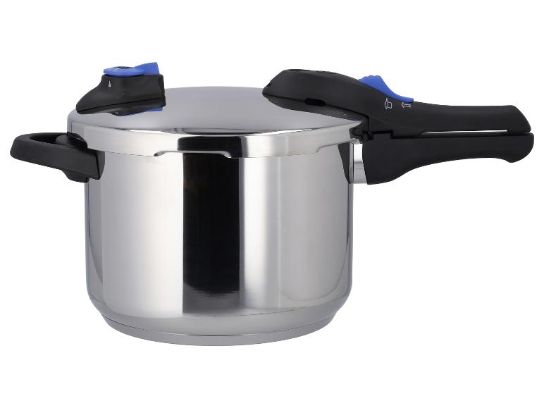 Een roestvrijstalen snelkookpan met zwarte handvatten en blauwe accenten.