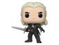 Een Funko Pop figuur van Geralt van Rivia met een zwaard.