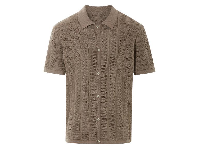 Beige gebreide polo met opengewerkt patroon.