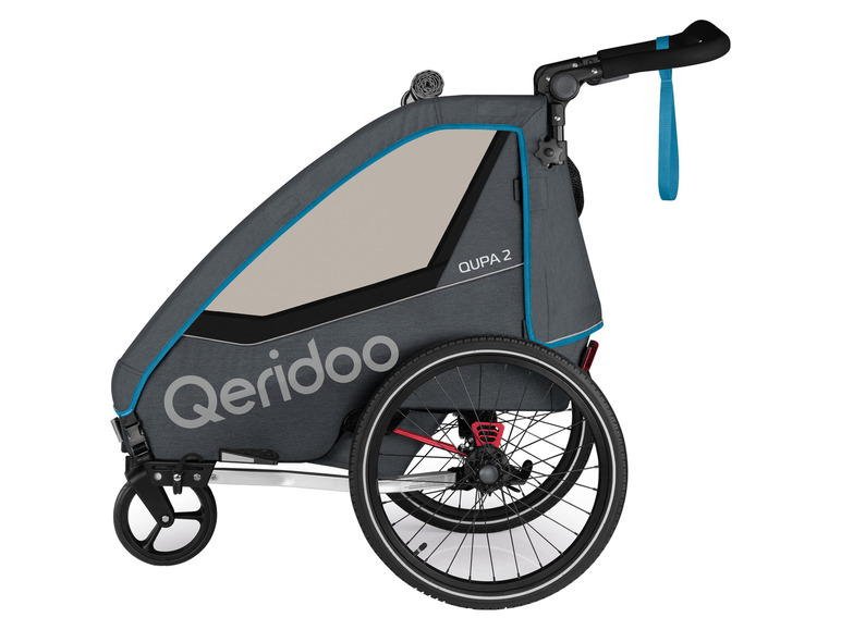 Een grijze Qeridoo Qupa 2 fietskar met een blauw accent.