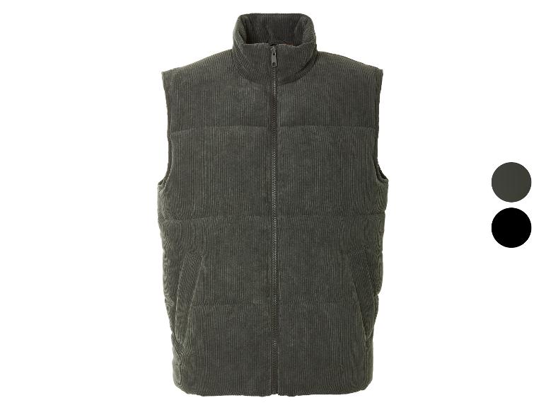 Donkergrijze gewatteerde corduroy bodywarmer voor heren.
