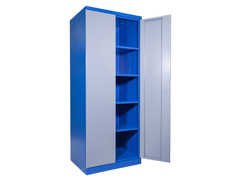 Een blauwe metalen kast met planken en een deur die open staat